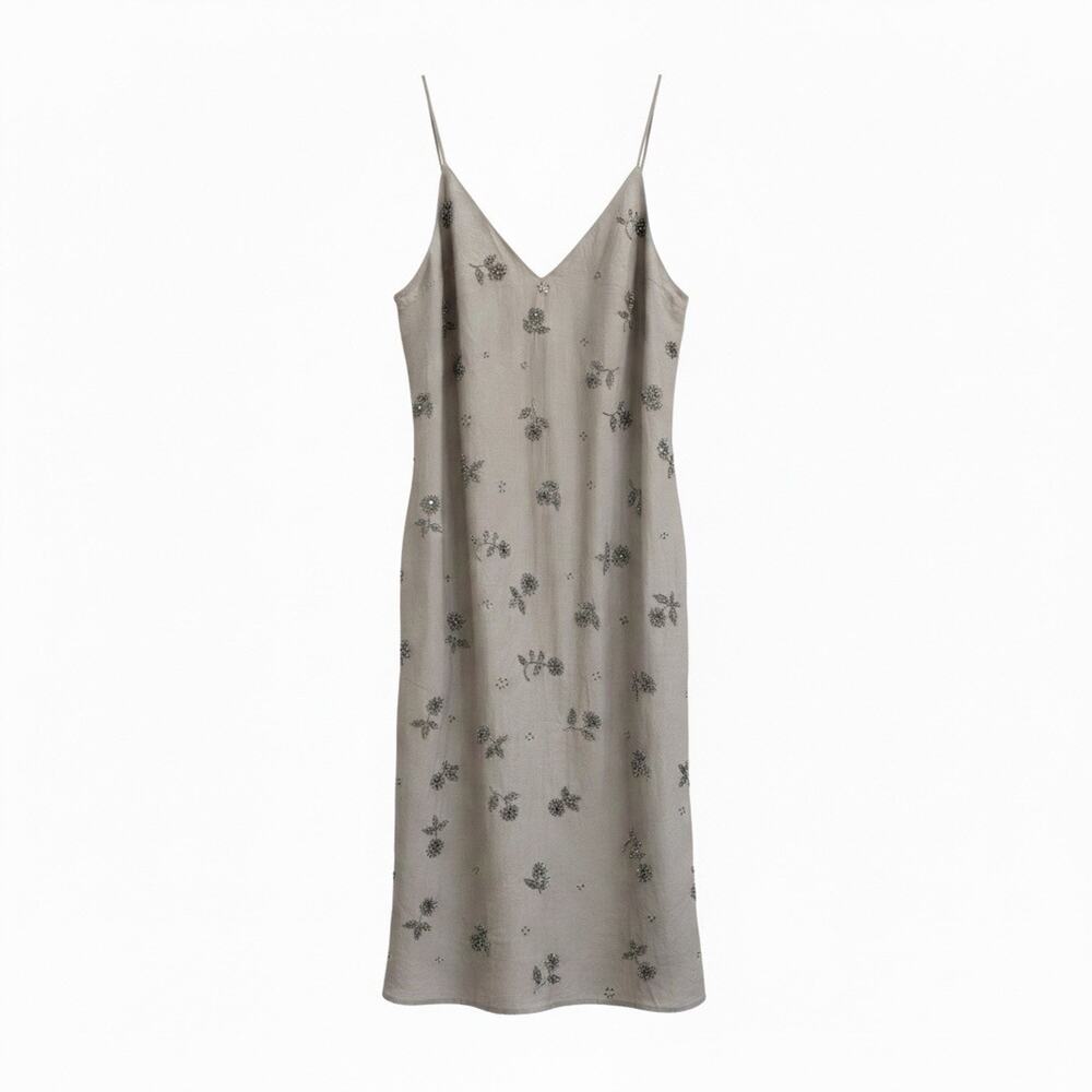 H&M Edition Taupe Beaded Slip Dress Lyocell Blend Midi Minimalist XL Side Slit
